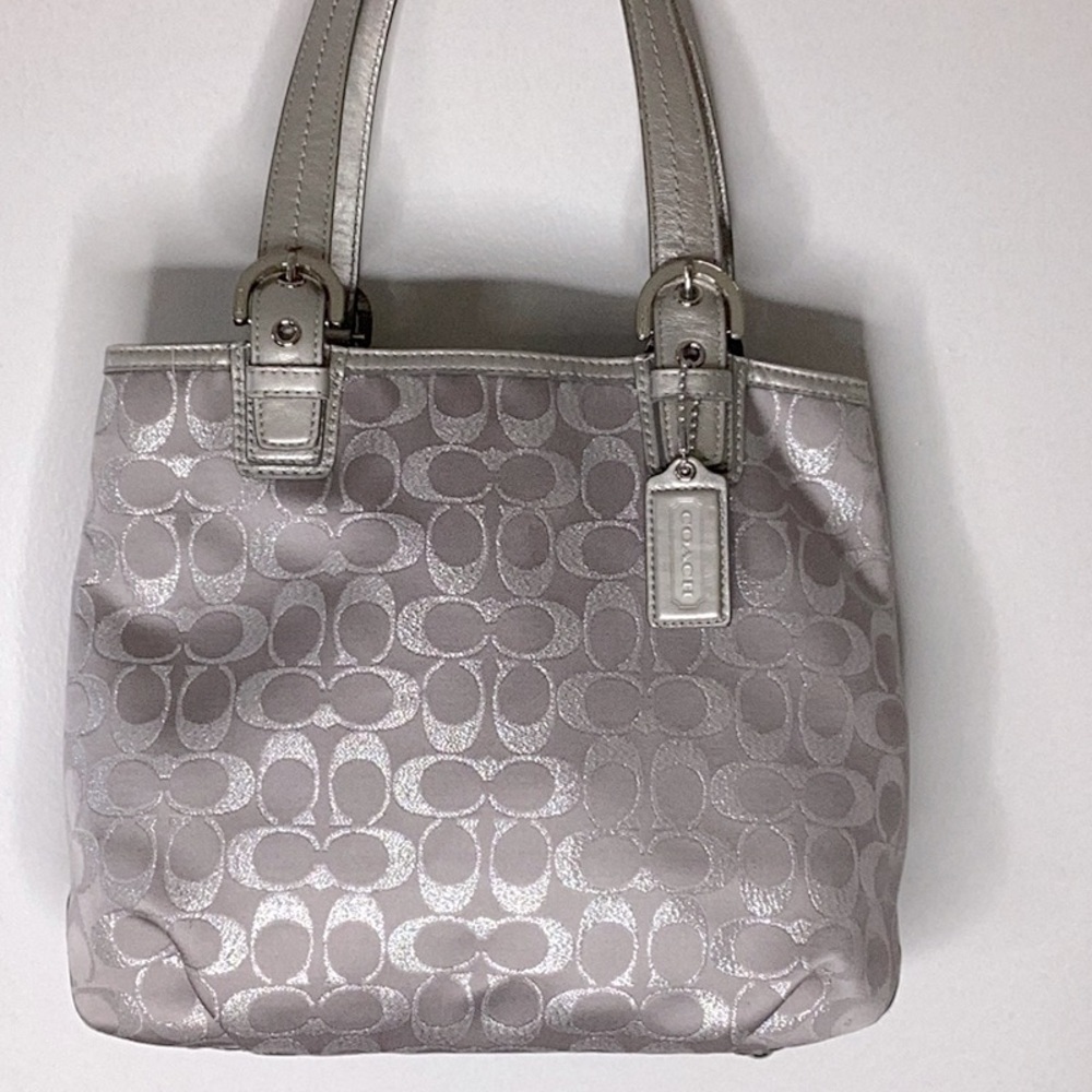 Coach grey/silver monogram canvas shoulder satchel. Preloved item sold as is